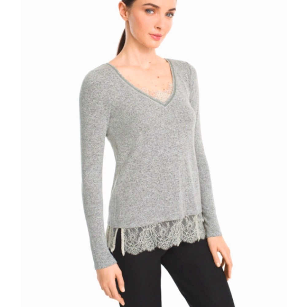White House Black Market gray lace trimmed tunic sweater size small